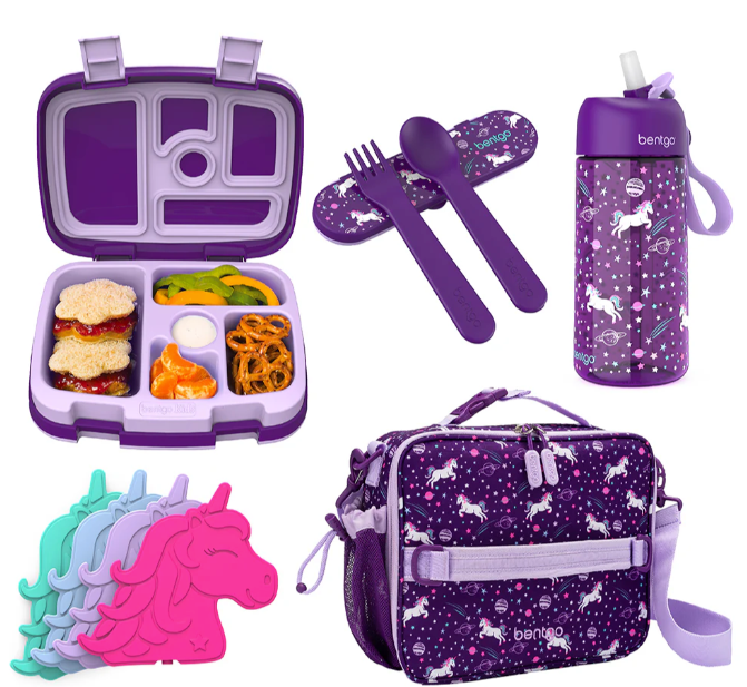 Bentgo Kids Prints Set de 5 piezas con lonchera, mochila, cubiertos, bloque de hielo y vaso