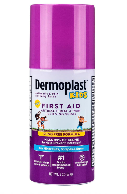 Dermoplast Spray de primeros auxilios sin picaduras para niños, antiséptico y analgésico para cortes menores, rasguños y quemaduras